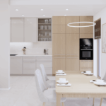 Nowoczesna kuchnia z jadalnią w stylu minimalistycznym – jasne meble, drewniane fronty, zabudowany piekarnik Bosch, stół z czterema krzesłami i eleganckie oświetlenie sufitowe. Projekt wnętrza w jasnych, neutralnych kolorach, idealny przykład aranżacji otwartej przestrzeni salonu z kuchnią.